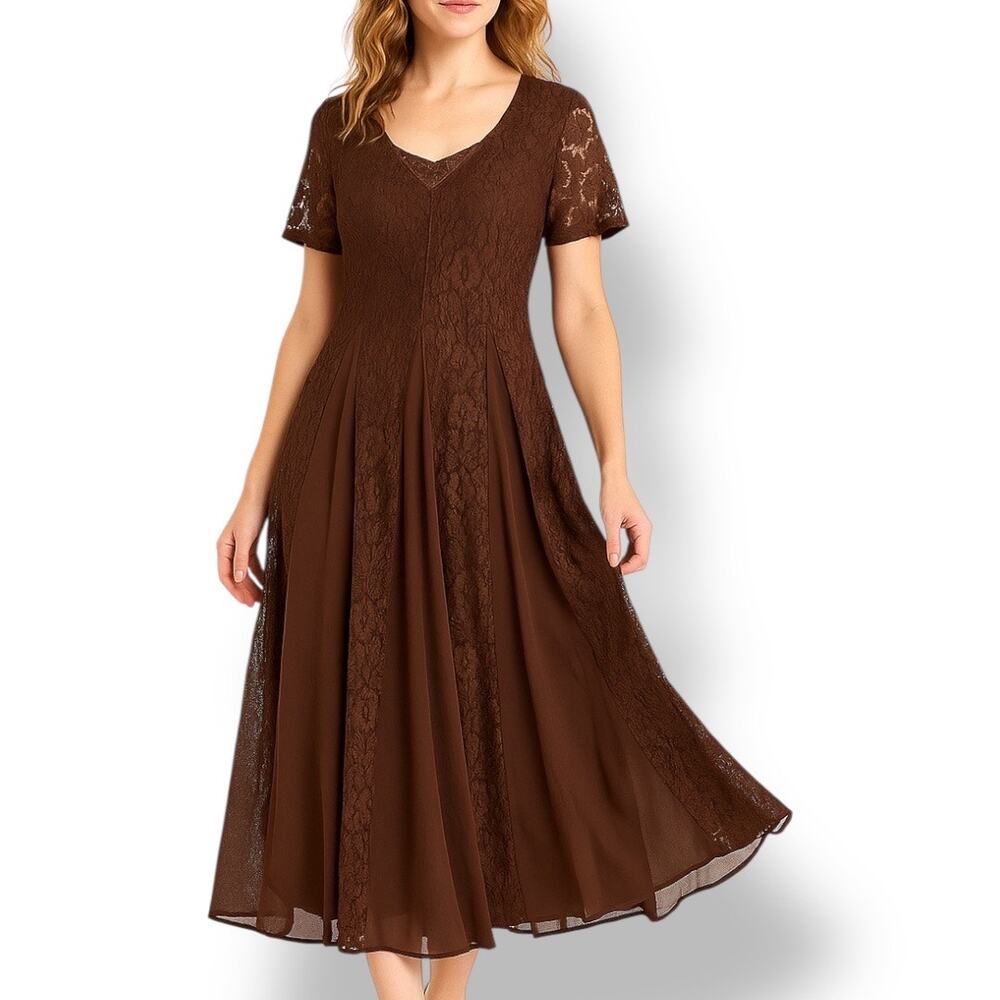 Vintage‎ 90s Brown Floral Lace Chiffon Panel Midi Dress Small Romantic Sheer